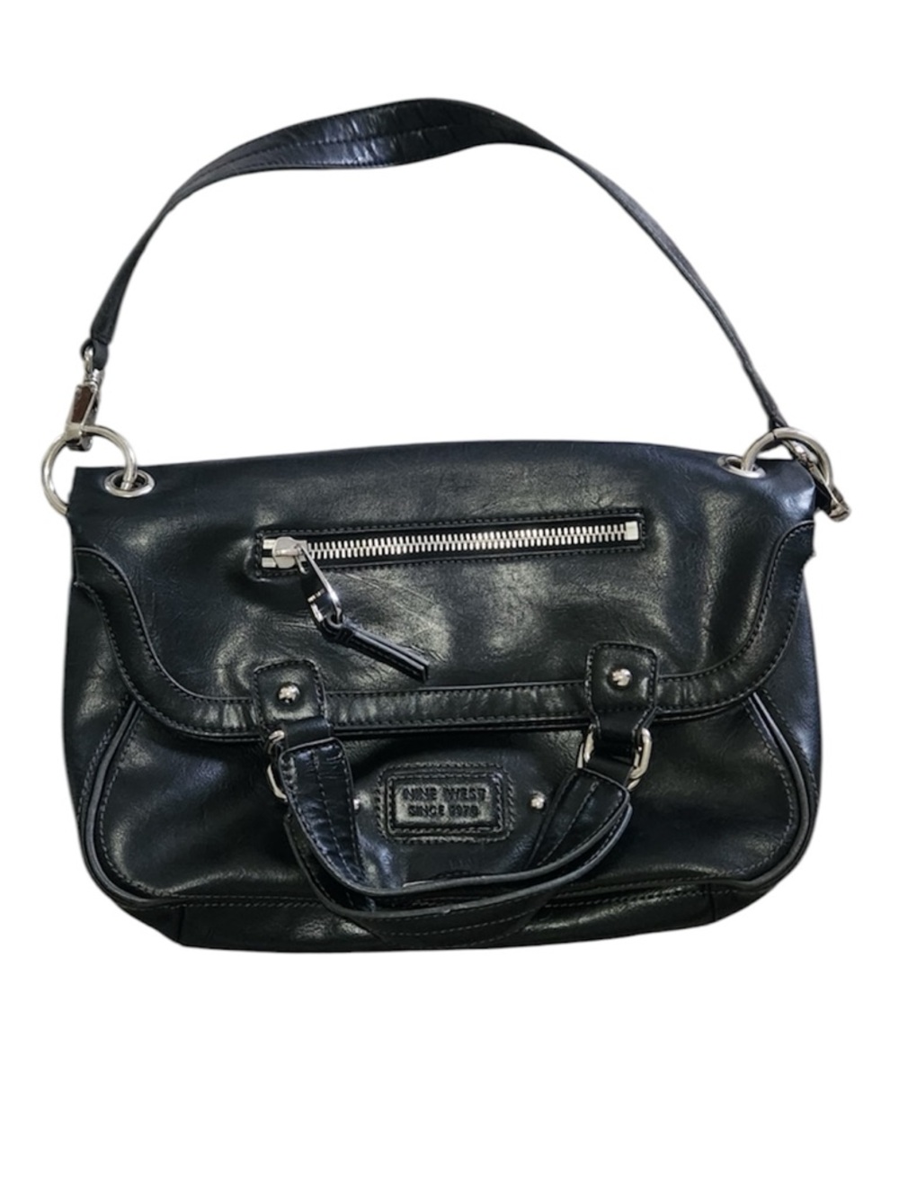 NINE WEST Black Faux Leather Convertible Shoulder Handbag Fold Over Clutch